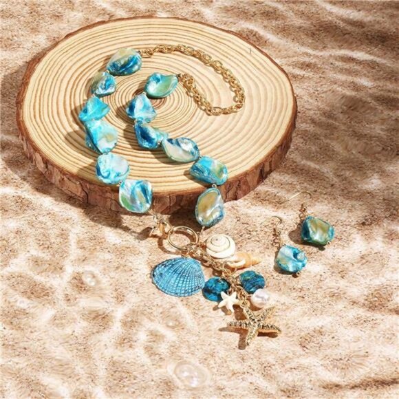 Turquoise Seashell Charm Necklace and Earrings Set – Boho Beach Jewelry - Picture 5 of 5